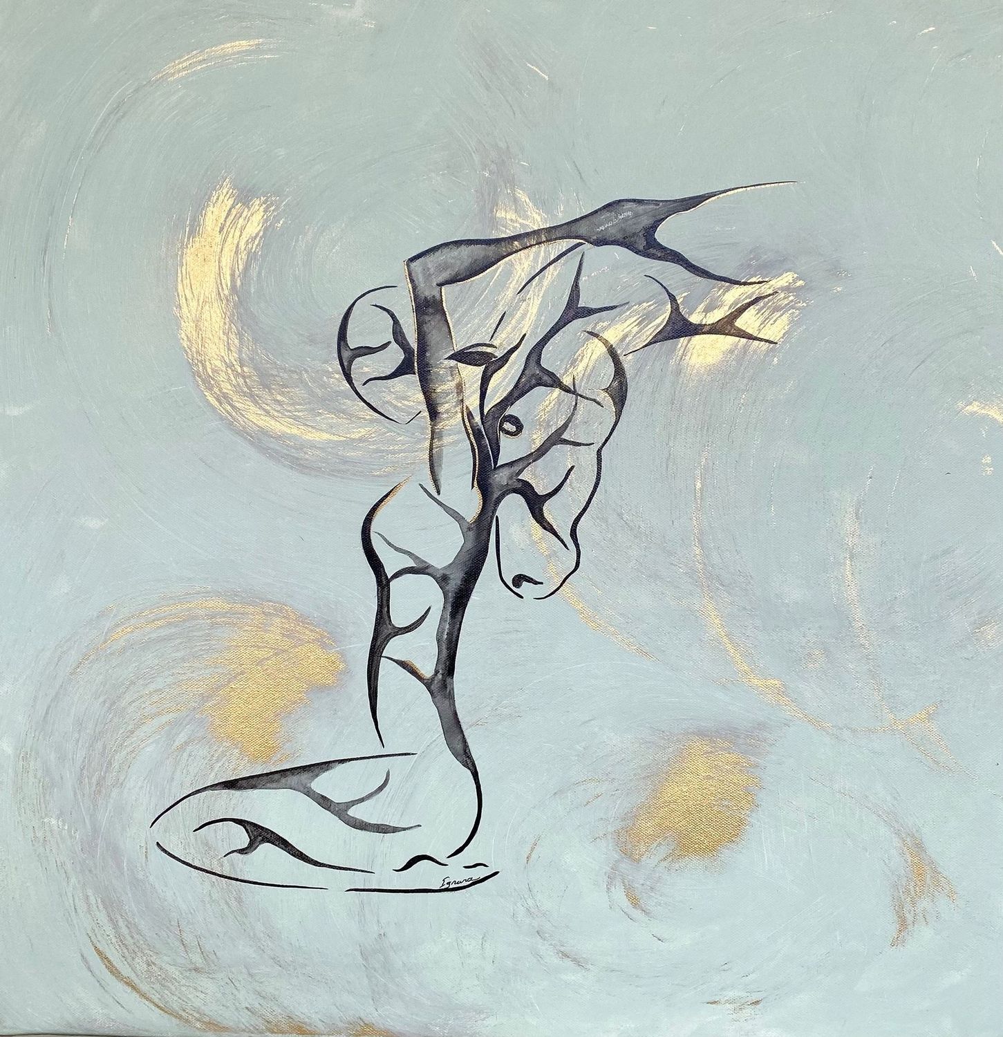 "Prendre racine l'un à l'autre". Sur toile châssis lin 60x60cm. Acrylique, encres, poudre or.