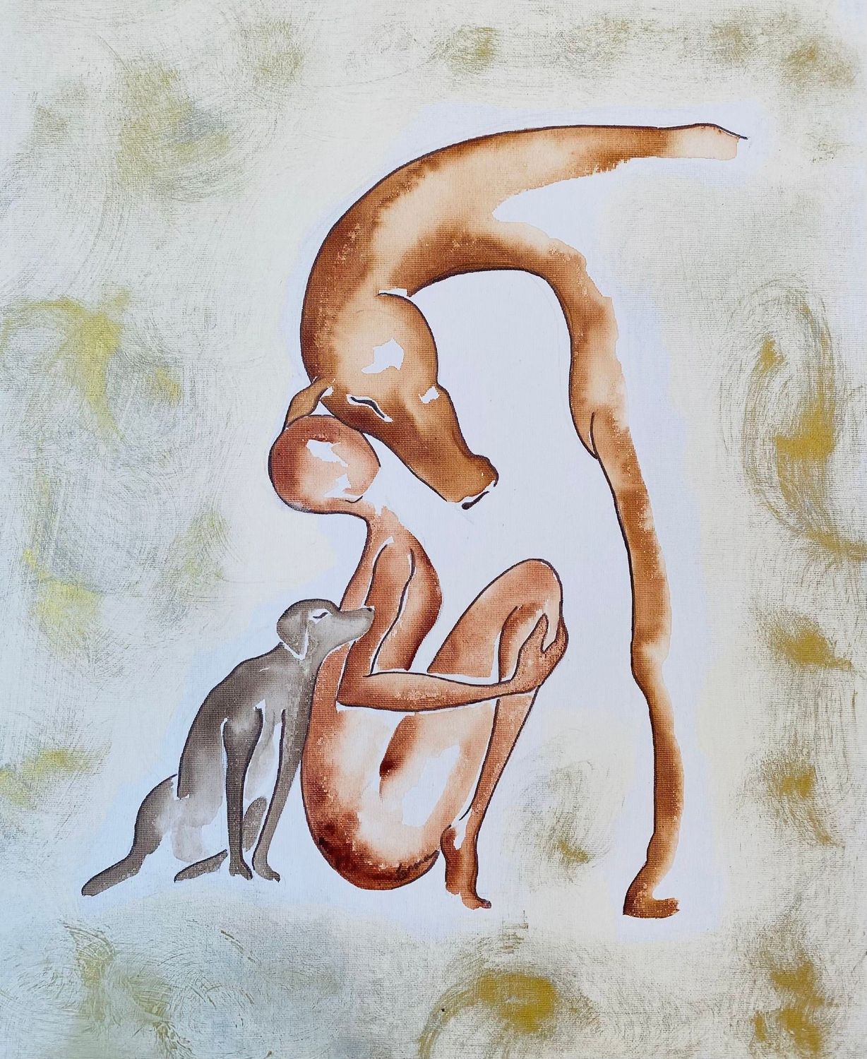 "Ensemble". Toile encollée 55x46cm. Acrylique, pastels, encres, poudre or.
