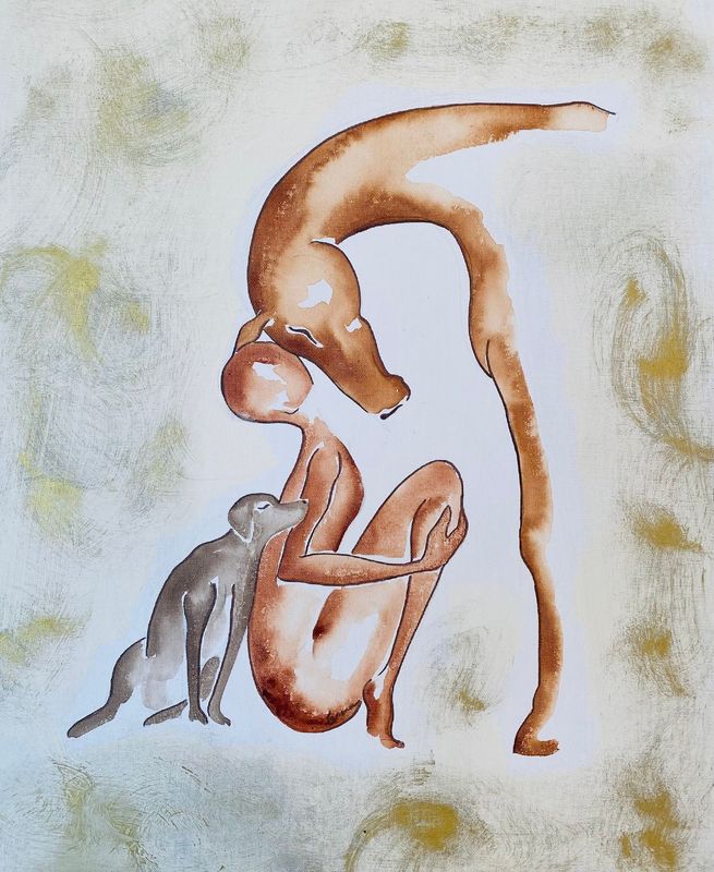 "Ensemble". Toile encollée 55x46cm. Acrylique, pastels, encres, poudre or.