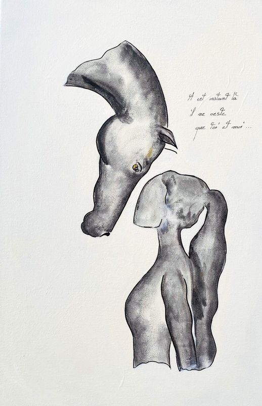 "A cet instant là il ne reste que toi et moi....." Sur toile châssis 60x40cm. Fusains, acrylique, pointes fines.