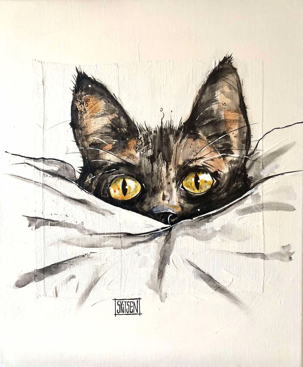 "Coucou".  Sur une toile châssis lin de 55x46cm.  Acrylique, fusains, pastels, encre chine...