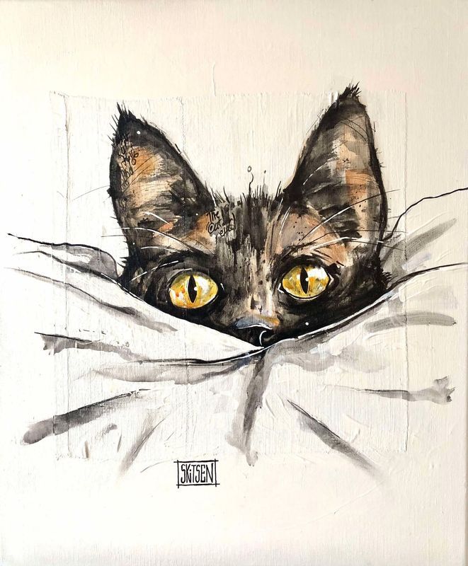 "Coucou".  Sur une toile châssis lin de 55x46cm.  Acrylique, fusains, pastels, encre chine...
