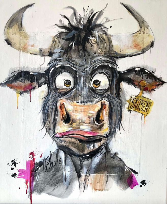 "Oh la vache".  Sur une toile châssis lin de 55x46cm.  Acrylique, pastels, fusains, encres..