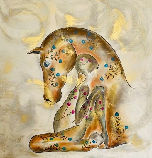 "Me fondre en toi".  Sur toile châssis lin 100x100cm.  Acrylique, fusains, pastels, poudre or. Vernis.