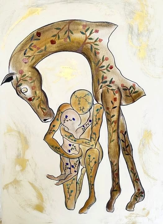 "Instant de tendresse".  Sur toile châssis 70x50cm.  Acrylique, pastels, encres, poudre or....