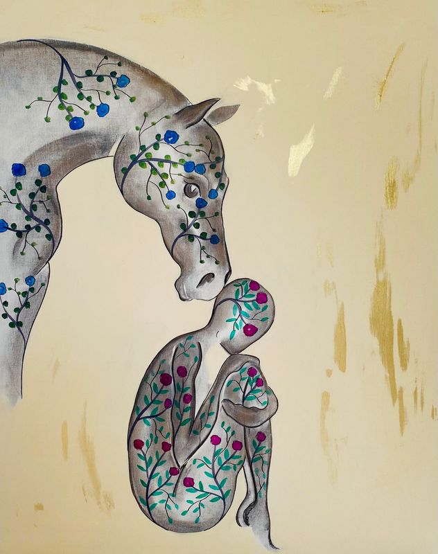 "Sous ta protection".  Sur une toile châssis lin 81x65cm. Fusains, acrylique, poudre or.
