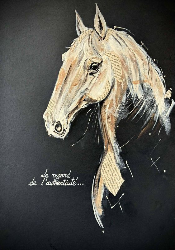 "Le regard de l'hautenticité". Sur papier black 350gr 42x29,5cm. Acrylique, pastels, et quelques collages.