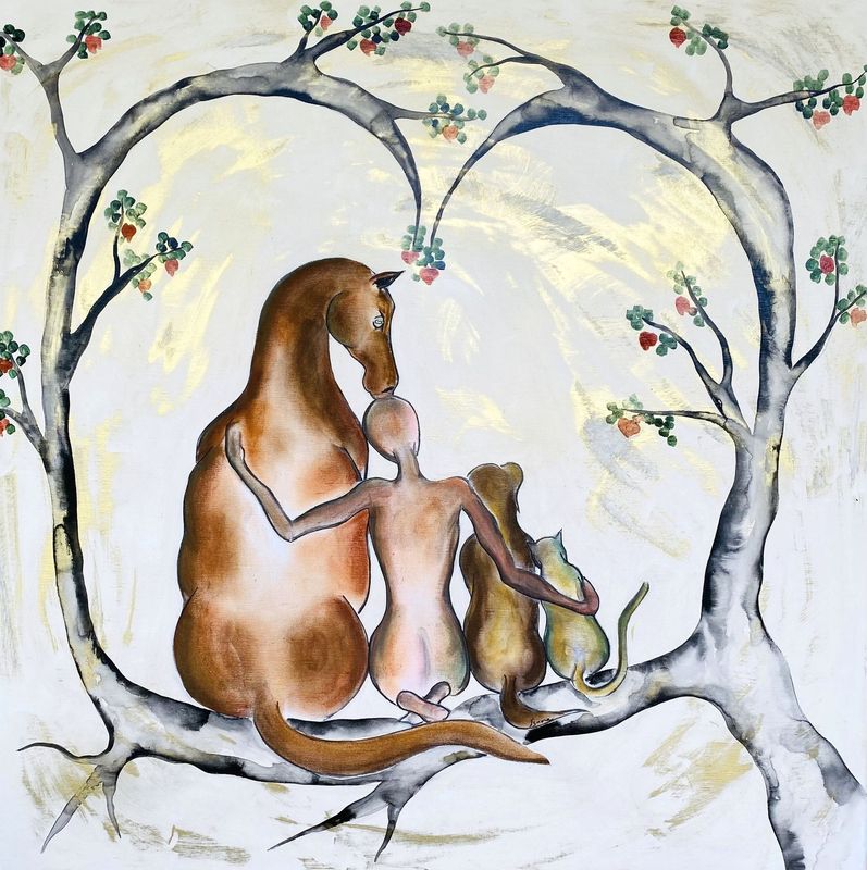 "Une famille".   Toile châssis lin 80x80cm.  Acrylique, pastels, poudre or, verrnis.