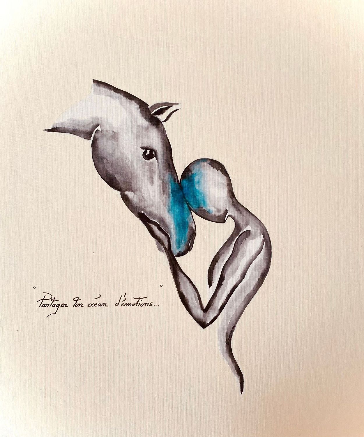 "Partager ton océan d'émotion". Sur toile encollée de 55x46cm Encres, acrylique.
