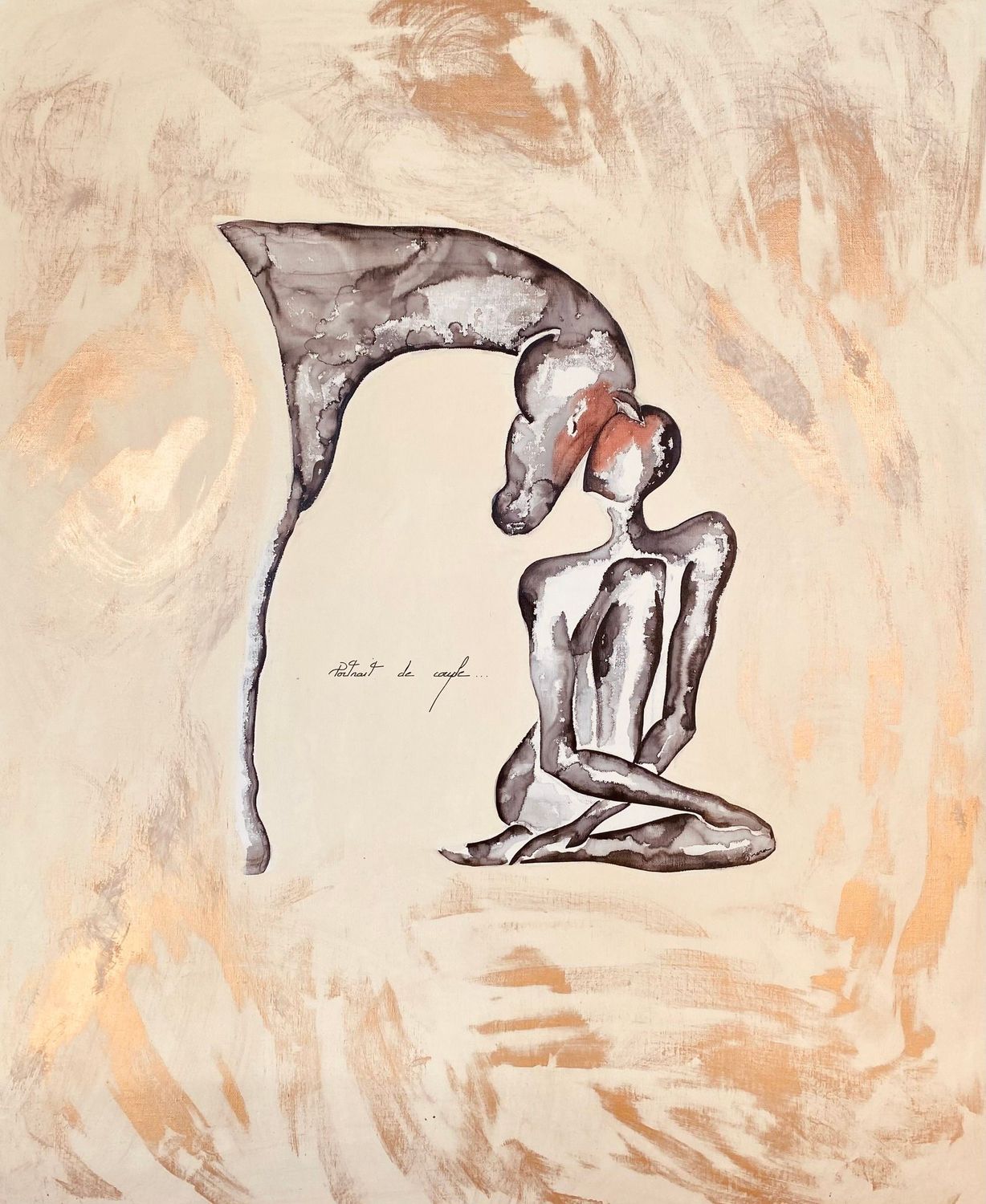 'Portrait de couple'.  Toile châssis lin 100x80cm.  Acrylique, encres, poudre or.