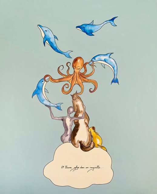 "trouver refuge dans son imagination "  Sur toile châssis lin de 100x80cm. Acrylique, encres....
