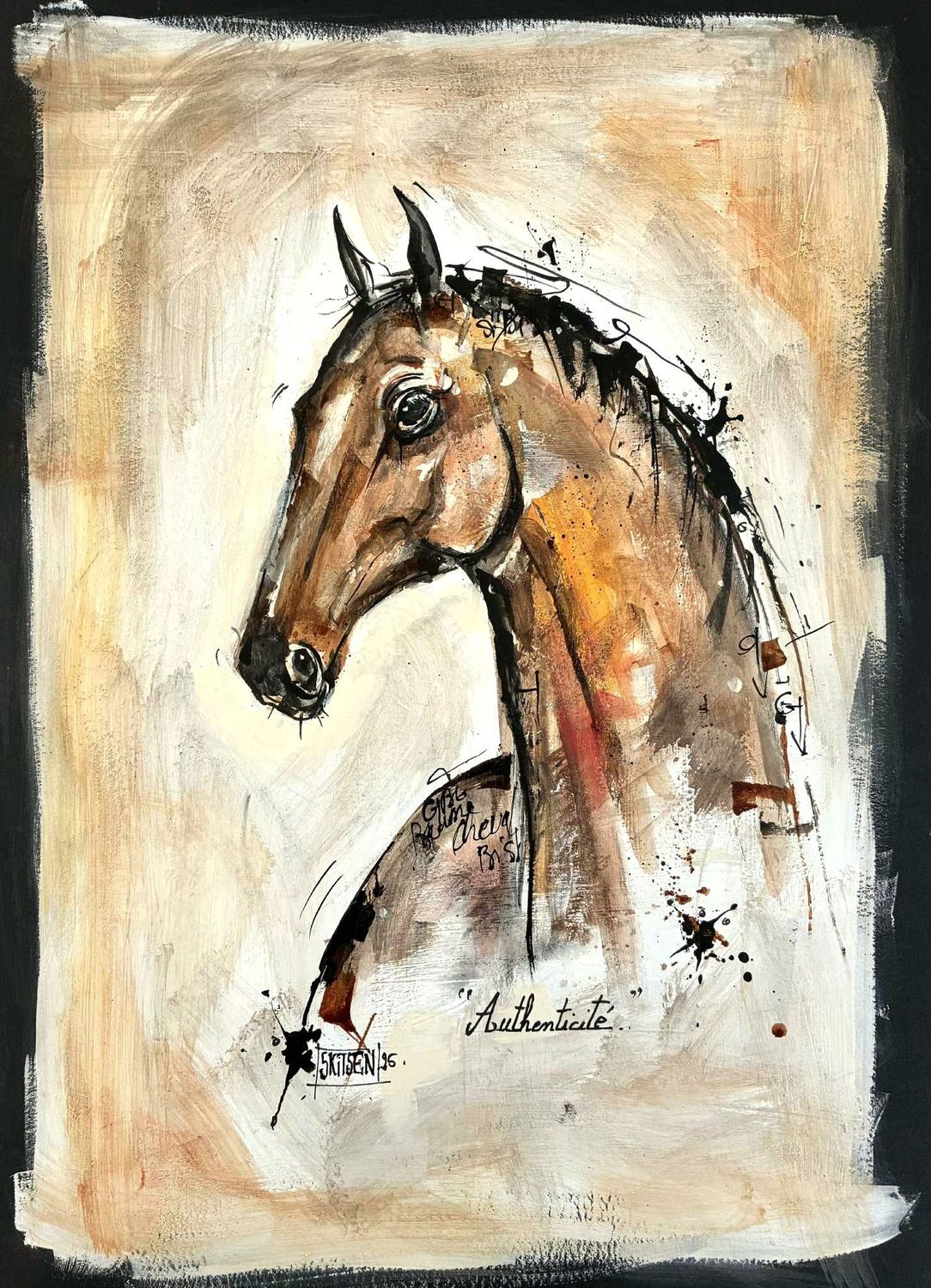 "Authenticité". Sur papier black 250gr 42x29,5cm. Acrylique, pastels, encres.