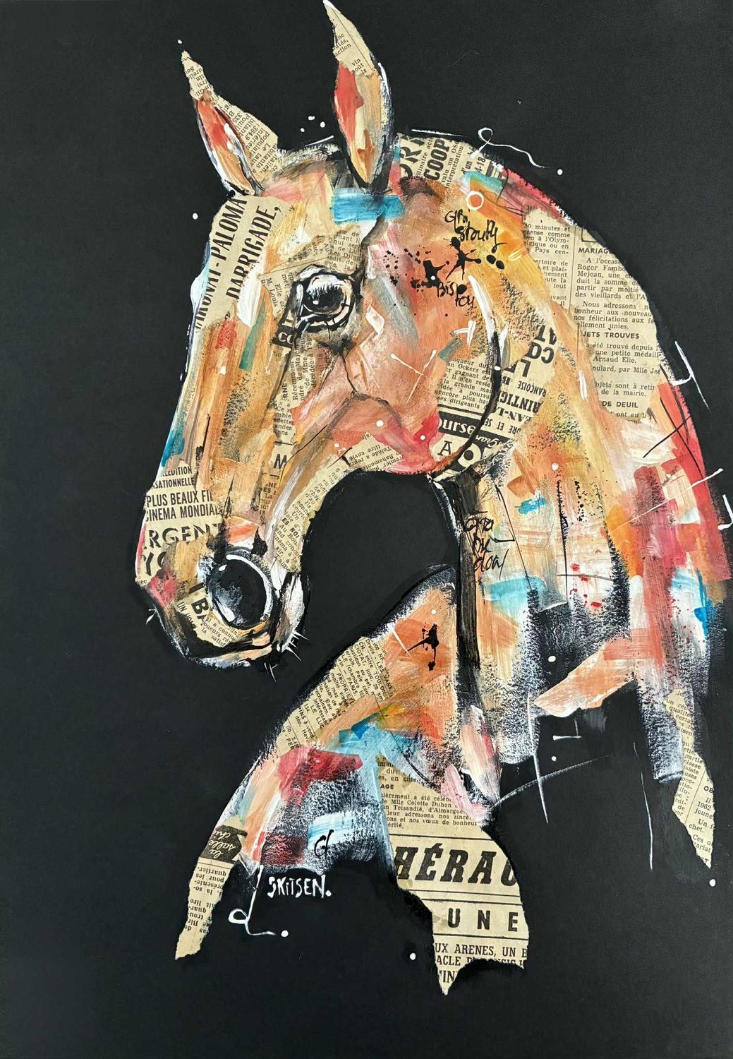 "Etincelles". Sur papier black 250gr 42x29,5cm. Acrylique, encres, pastels, collages.