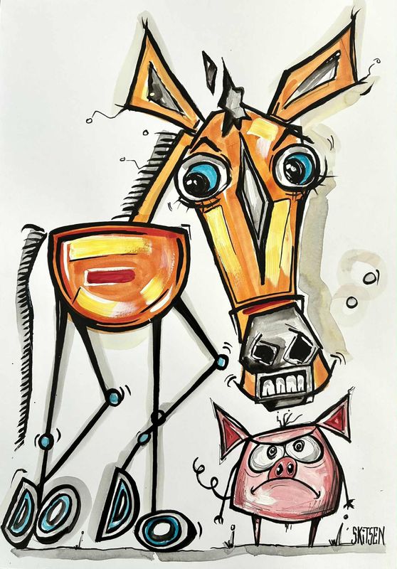 "Cheval et cochon"..!! Sur papier blanc 250gr 42x29,5cm. Encres.