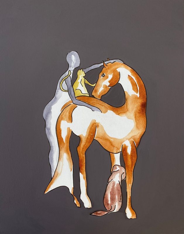 "Créer sa famille"...   Réalisation sur toile châssis lin 50 par 40cm  Acrylique, encres.