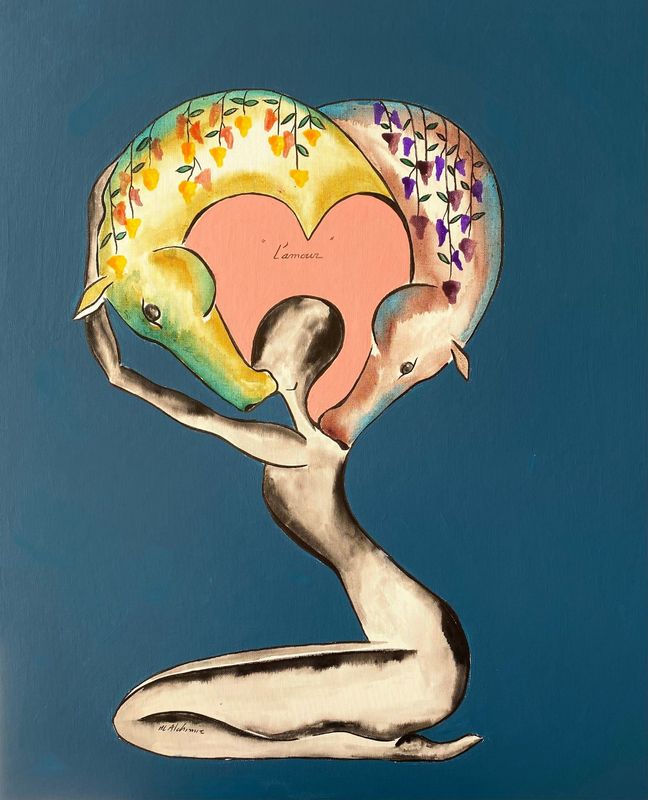 "L'amour". Sur toile cartonnée de 55x46cm  Acrylique, encres.