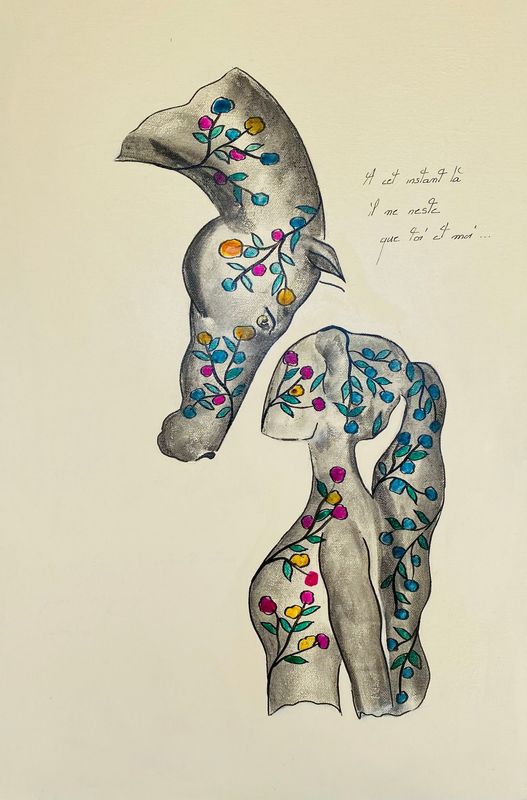 "A cet instant là il ne reste que toi et moi....." Sur toile châssis 60x40cm. Fusains, acrylique, encres pointes fines.