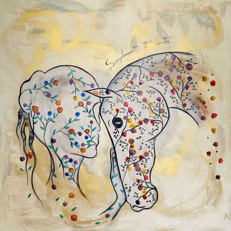 "Vivre cheval". Sur grande  toile châssis lin 100x100cm. Acrylique, encres, poudre or.