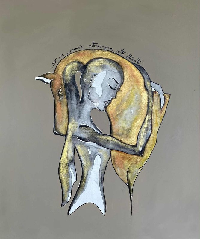 "Et ne jamais interrompre cette étreinte".... Sur toile châssis lin 55x46cm. Acrylique, encres, poudre or.