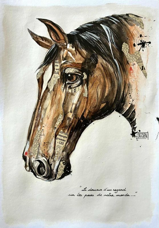 "Douceur d'un regard...." Sur papier blanc 250gr 42x29,5cm. Acrylique, pastels, encres, quelques collages anciens.