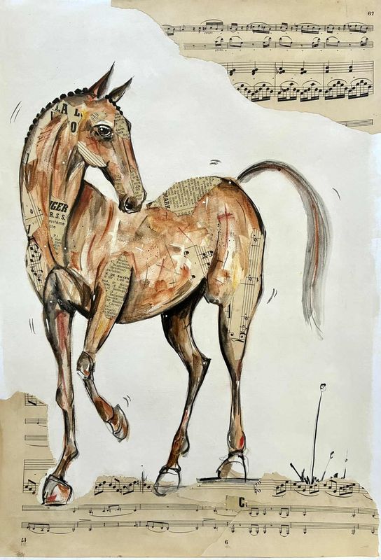 "La mélodie de ma vie". Sur papier blanc 250gr 42x29,5cm. Acrylique, pastes, collages vieilles partitions.