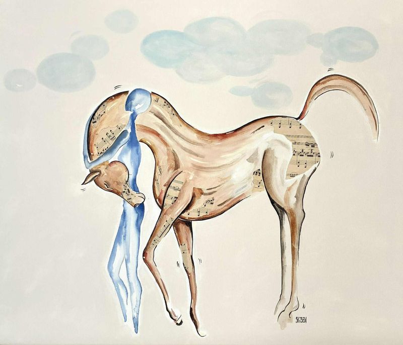 "Trouver refuge en toi". Toile châssis coton de 70x60cm.  Acrylique, encres...collages partitions anciennes.