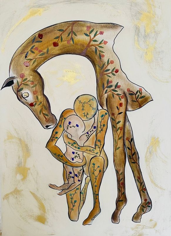 "Nous". Sur toile châssis 70x50. Acrylique, encres, poudre à dorer.