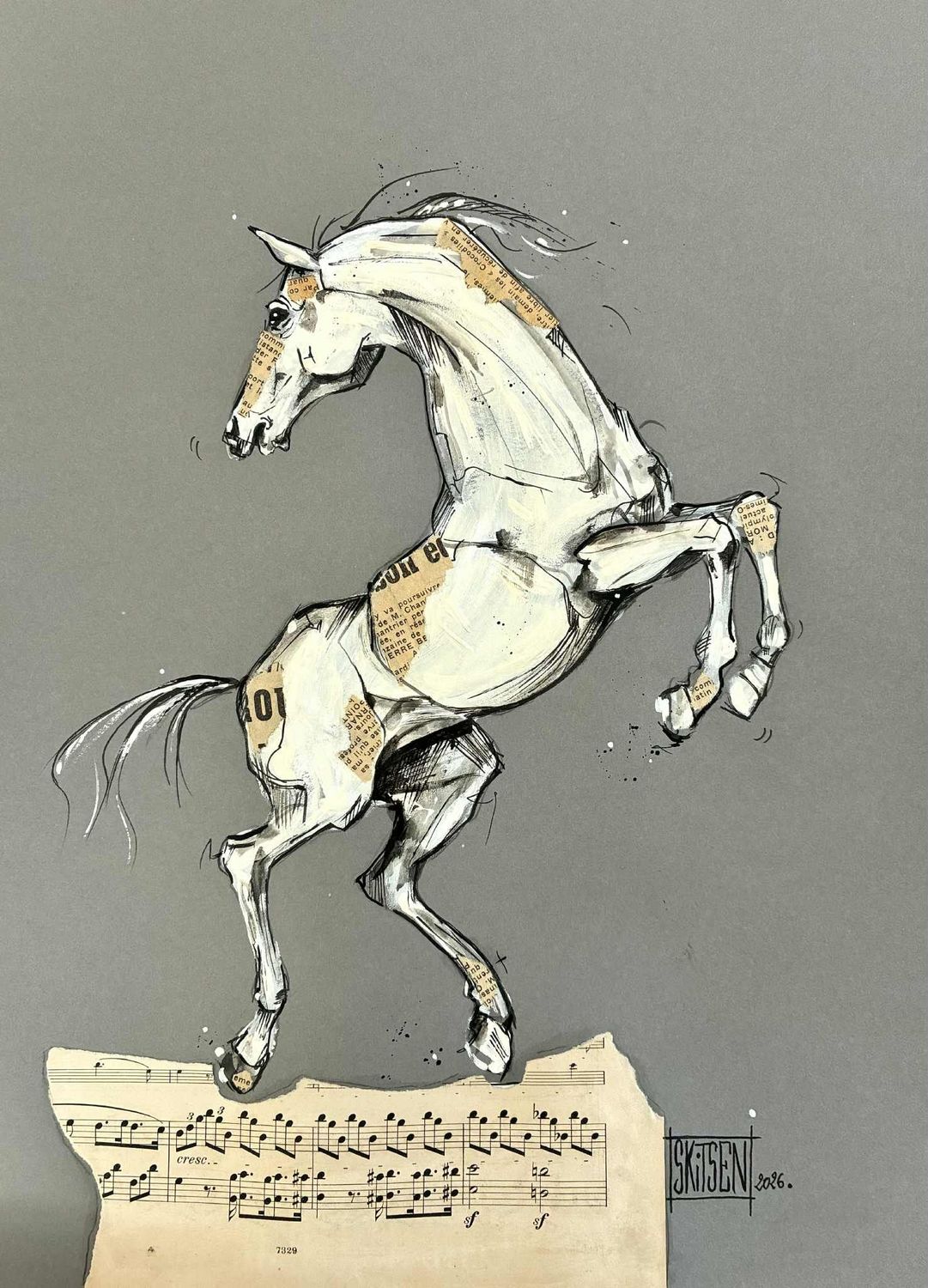 "La danse". Sur papier Gris 250gr 42x29,5cm. 1crylique, encres, collages.