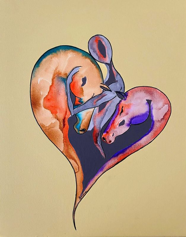 "Coeur de vie". Sur une toile châssis lin 50x40cm. Acrylique, encres.