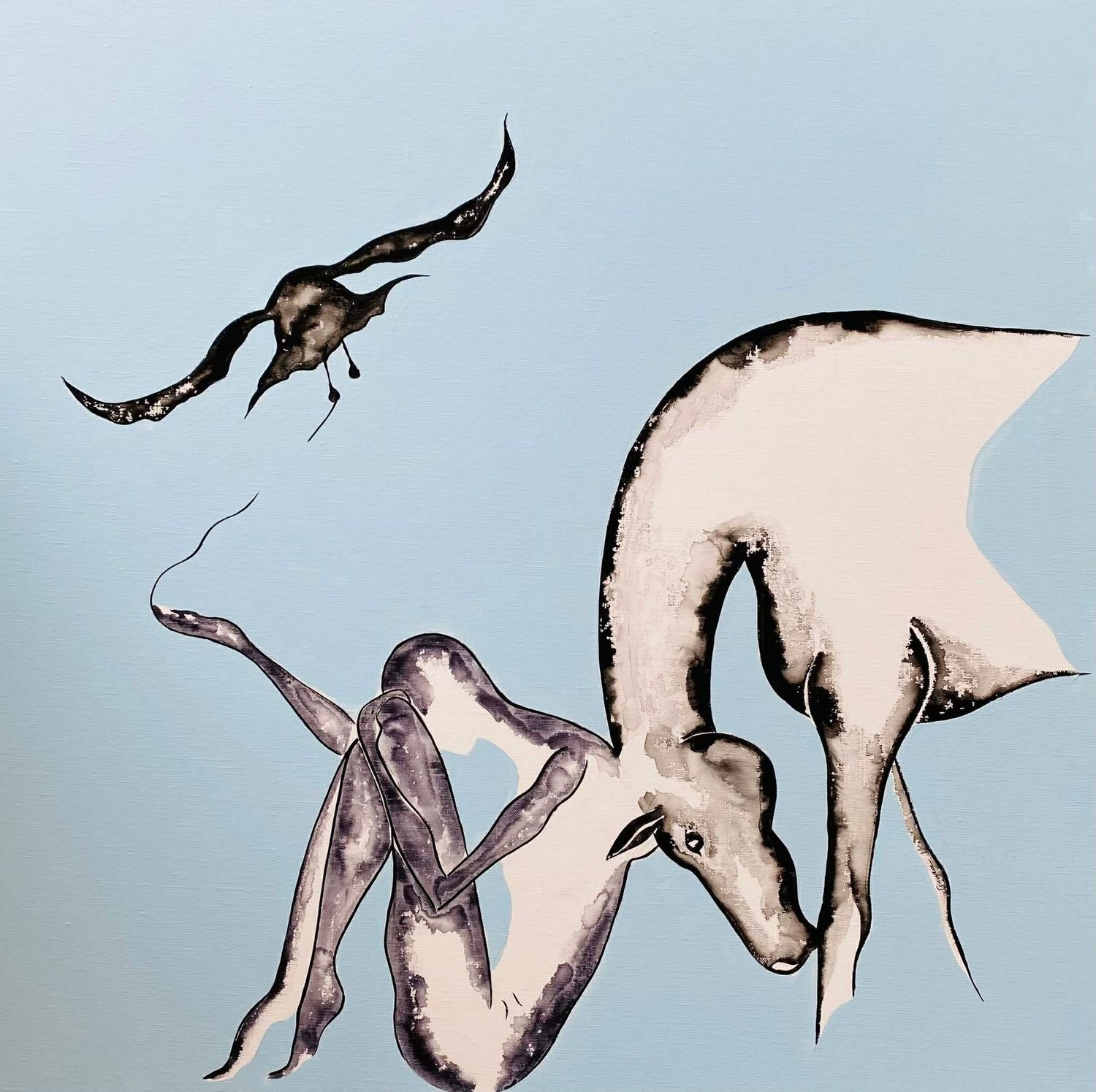 "Vivre dans leur monde" . Sur une toile châssis 80x80cm. Acrylique, encres..