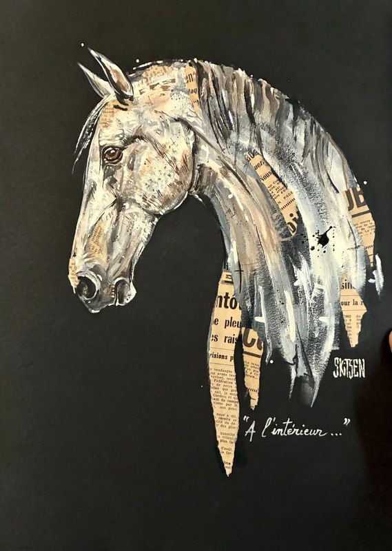 "A l'intérieur". Sur papier black 350gr 42x29,5cm. Acrylique, pastels, encres, collages.