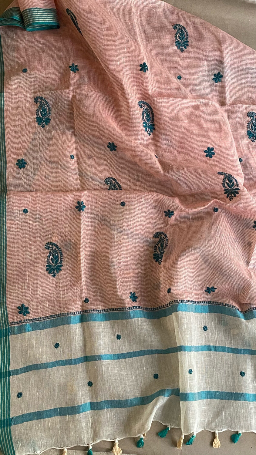 Pink and Blue  Handembroidered Linen Dupatta
