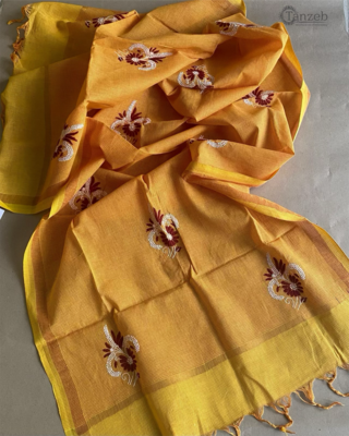 Red and White Embroidery On Yellow Dupatta