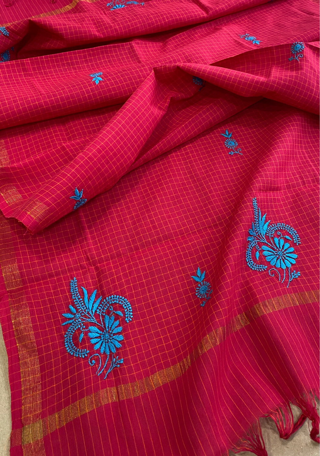 Blue Hand Embroidery On Rani Pink Cotton Dupatta