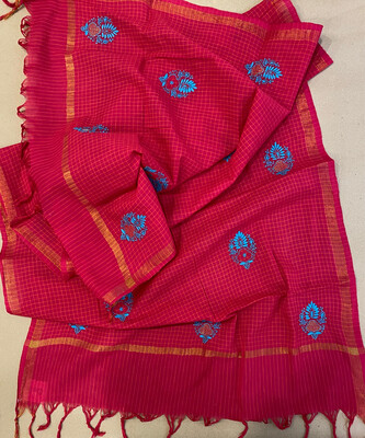 Blue Hand Embroidery On Rani Pink Cotton Dupatta