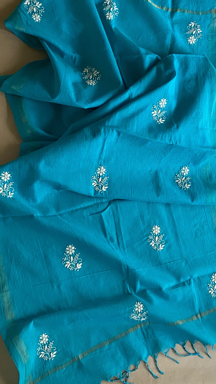 White Hand Embroidery On Blue Cotton Dupatta