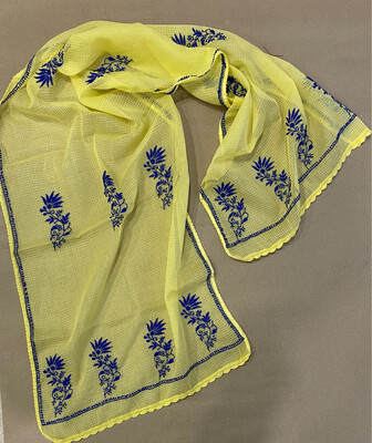 Blue Hand Embroidery On Yellow Kota Stole
