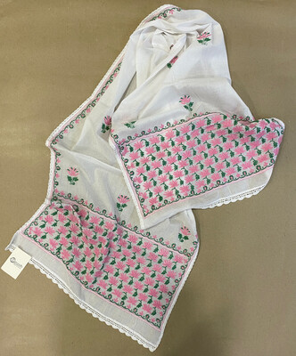 Pink and Green Hand Embroidery On White Cotton Stole