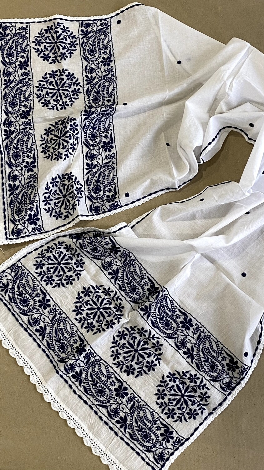 White cotton stole with navy blue work