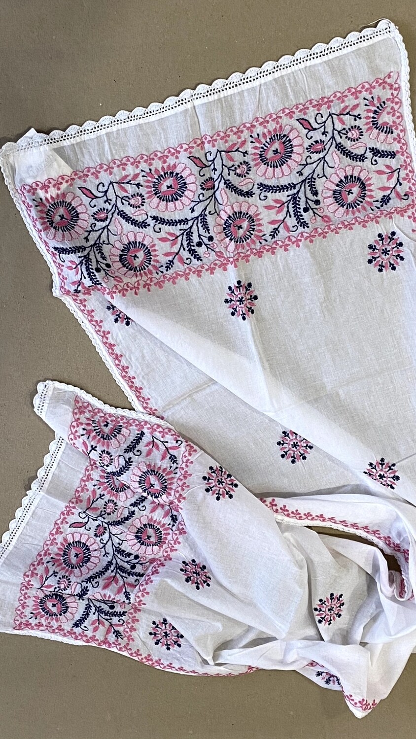 White cotton stole with pink and blue flowers