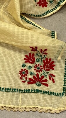 Red and green flower design on beige kota stole