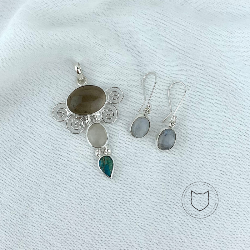 SET DE PLATA 925, CUARZO AHUMADO, PIEDRA LUNA Y TURQUESA SE0988M36