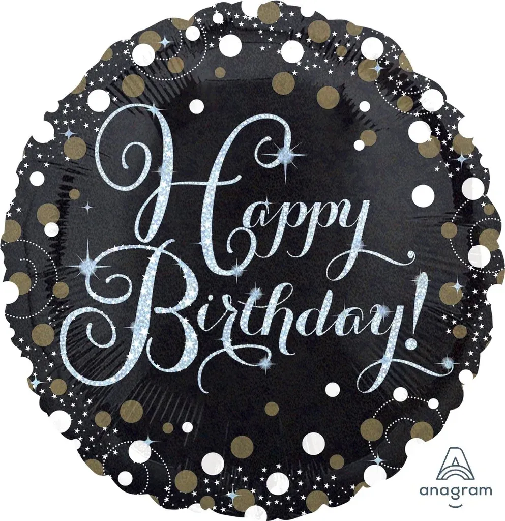 18″ ROUND FOIL- SPARKLING HAPPY BIRTHDAY BLACK &amp; GOLD