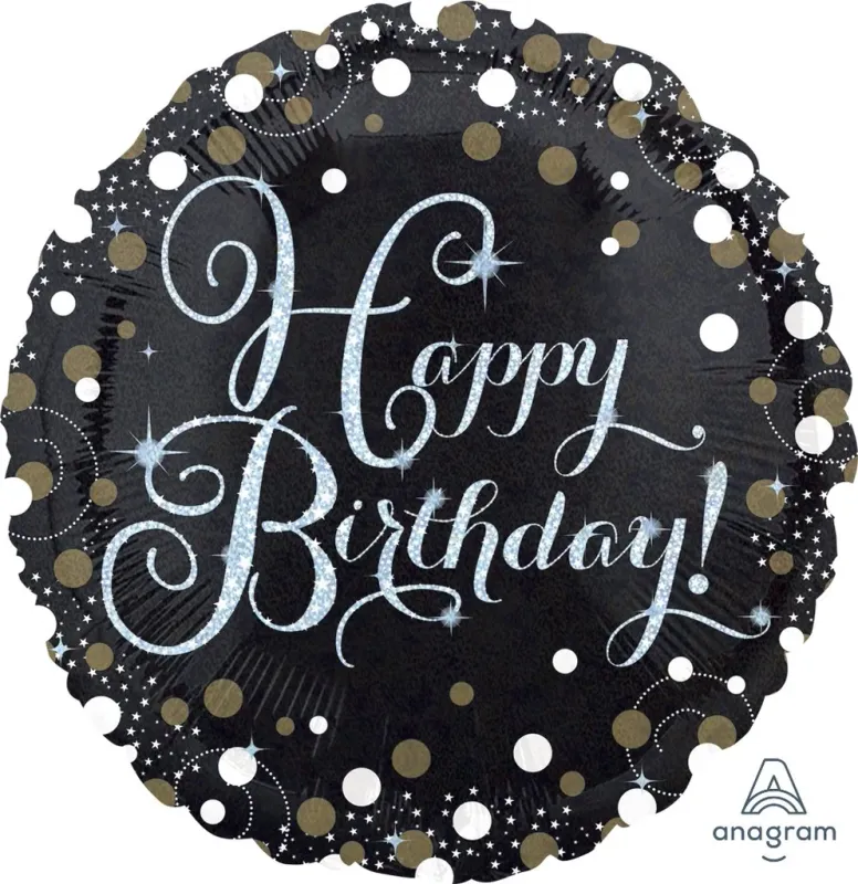 18″ ROUND FOIL- SPARKLING HAPPY BIRTHDAY BLACK &amp; GOLD