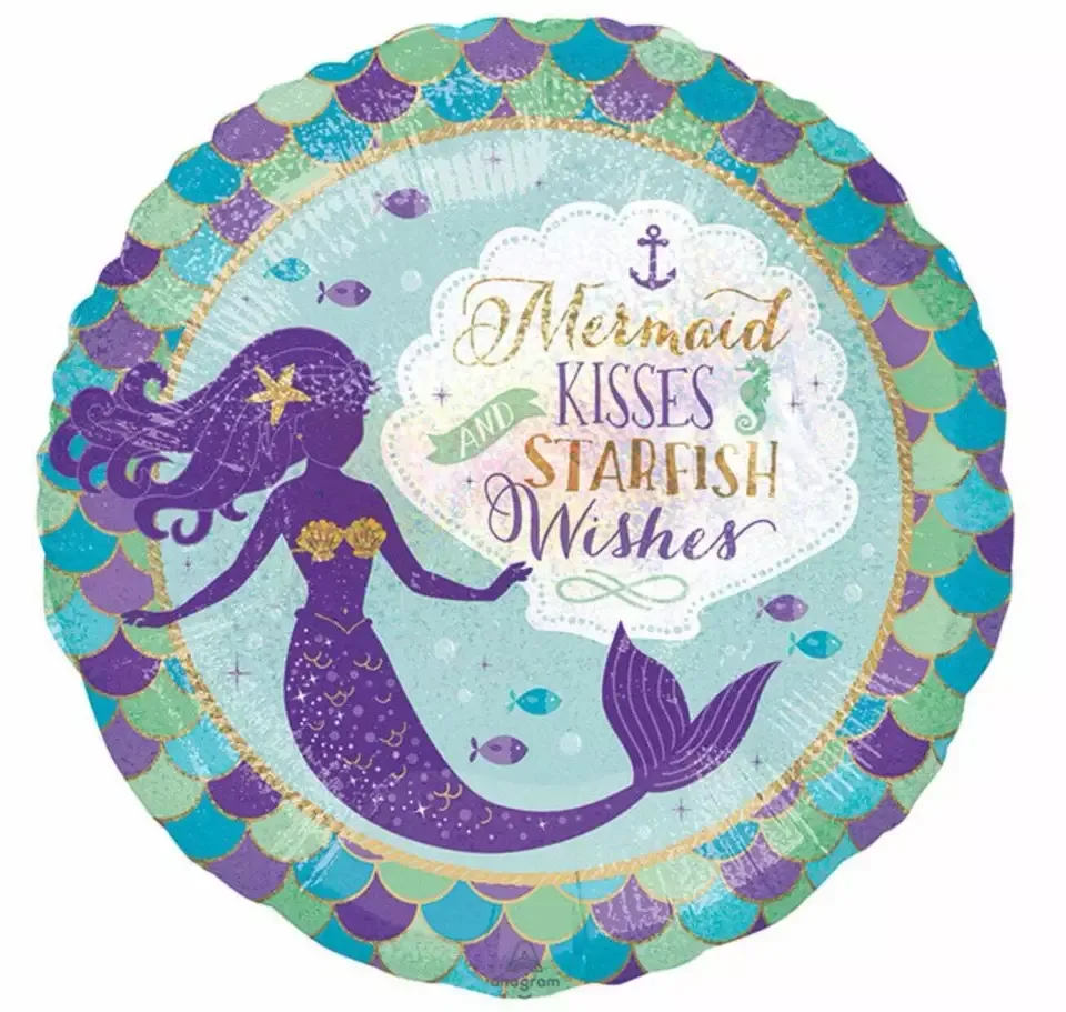 18″ ROUND FOIL-Mermaid Kisses and Starfish Wishes