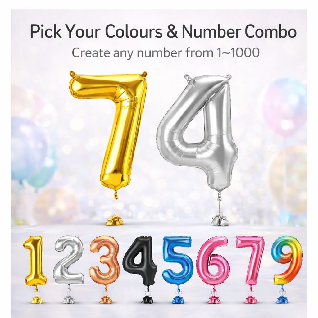 Foil Number/s -Helium inflated-Ribbon &amp; Weights