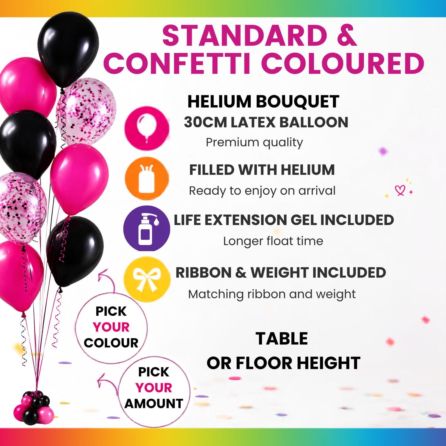 STANDARD &amp; CONFETTI COLOURED HELIUM BOUQUET