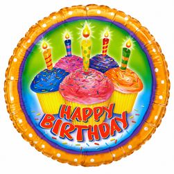 Happy Birthday Orange Cupcakes and Candles - 18-inch Foil Balloon