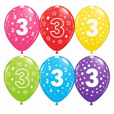 Number 3 printed latex balloons - examples of varying designs