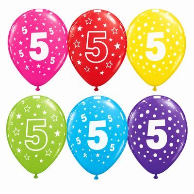 Number 5 printed latex balloons - examples of varying designs